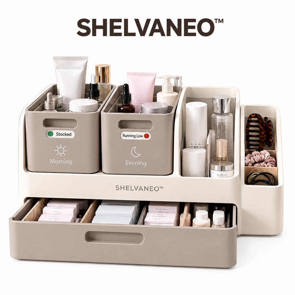 SHELVANEO™ Bathroom Routine Organizer with Lift-Out Care Pods and Reserve Storage