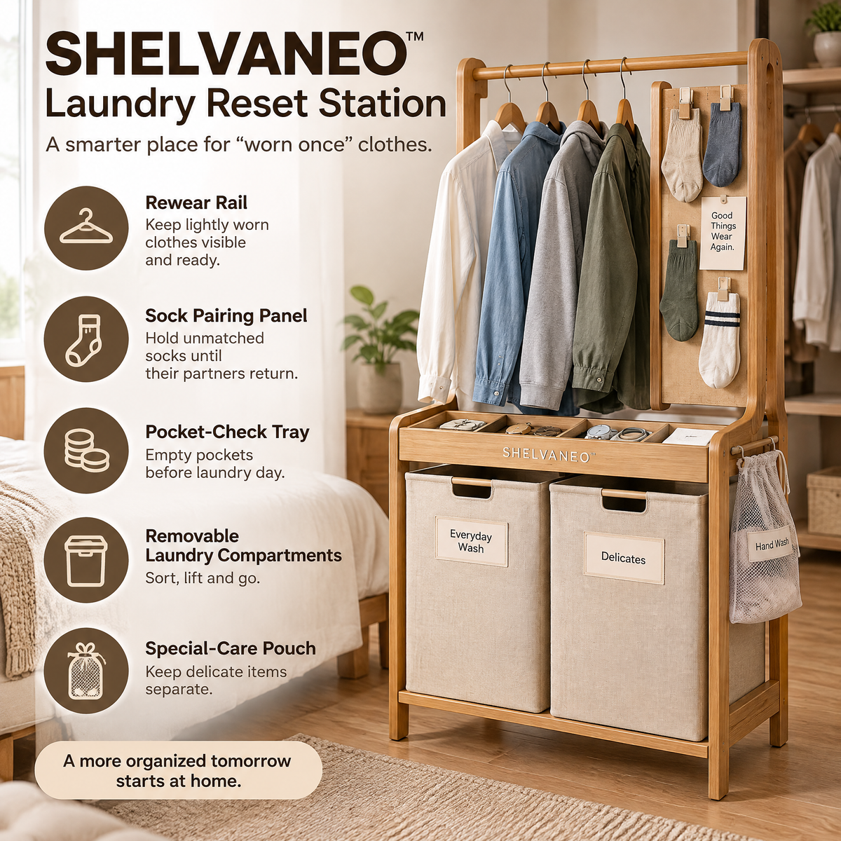 SHELVANEO™ Laundry Reset Station — Hanging Garment Organizer with Rewear Rail and Pocket-Check Tray