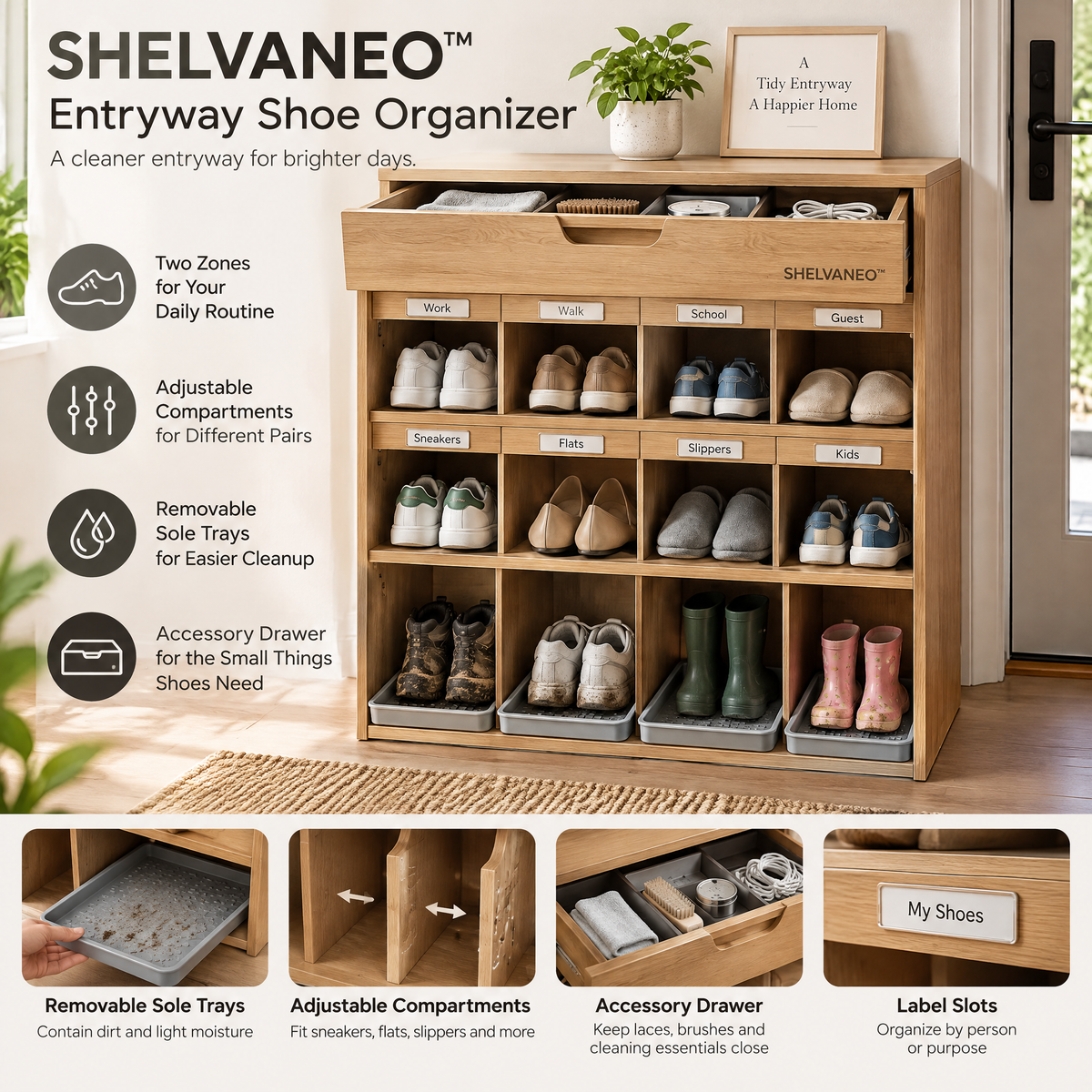 SHELVANEO™ Entryway Shoe Organizer with Removable Sole Trays and Accessory Drawer