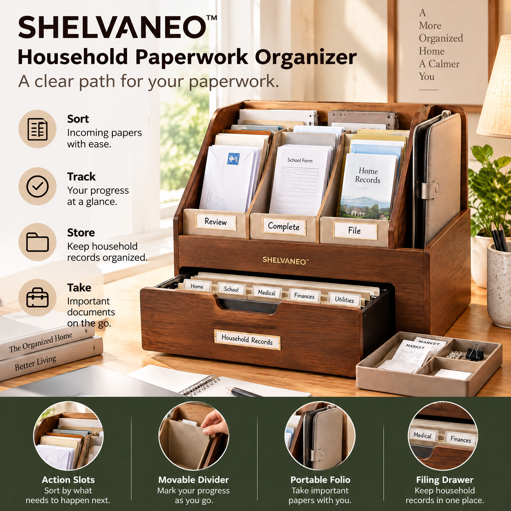 SHELVANEO™ Household Paperwork Organizer with Action Slots and Portable Document Folio