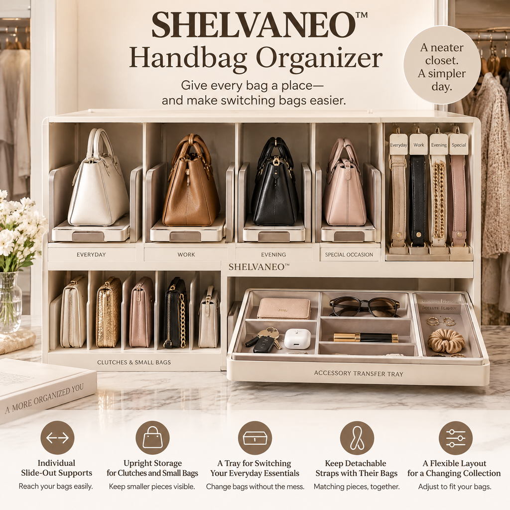 SHELVANEO™ Handbag Organizer with Slide-Out Bag Supports and Accessory Transfer Tray