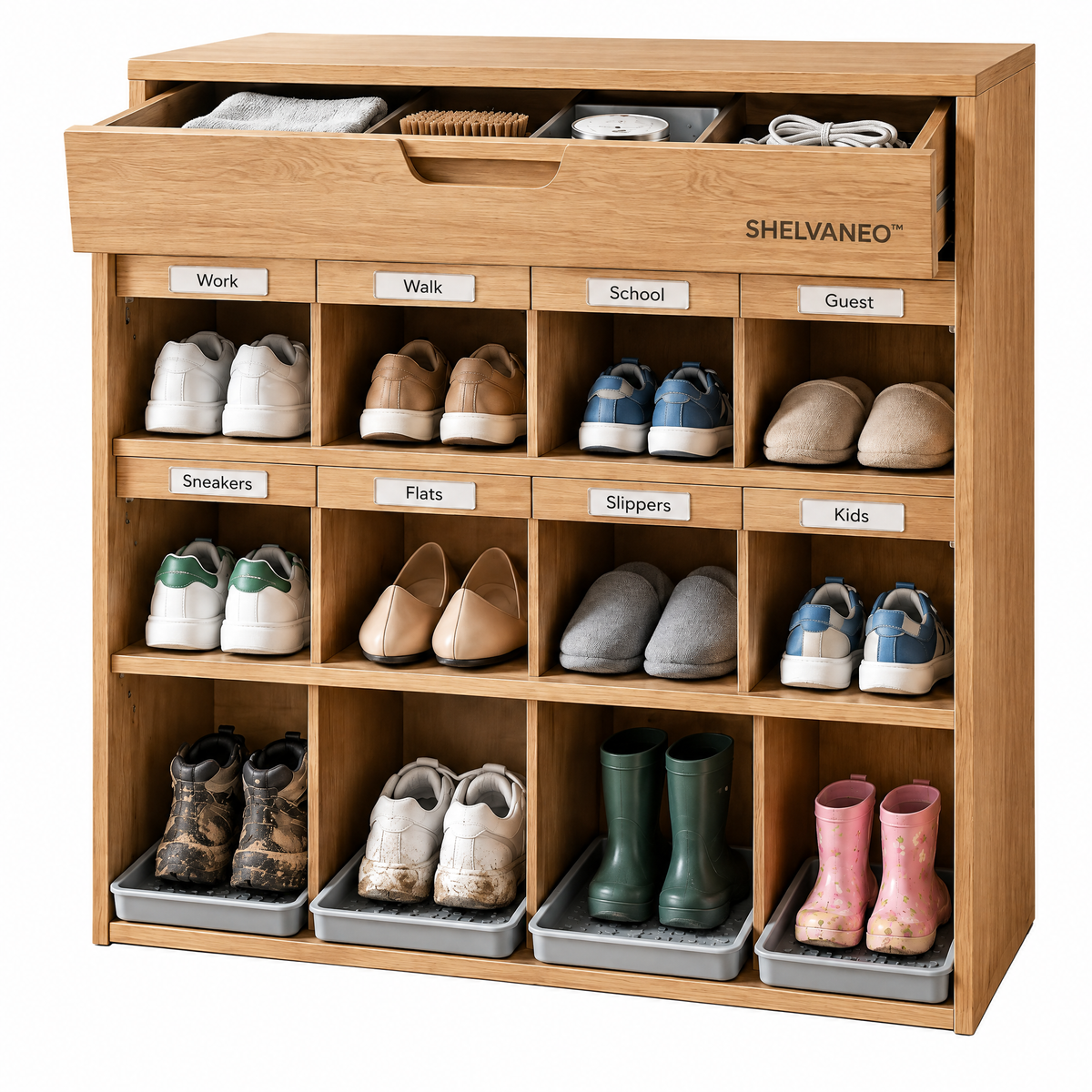 SHELVANEO™ Entryway Shoe Organizer with Removable Sole Trays and Accessory Drawer