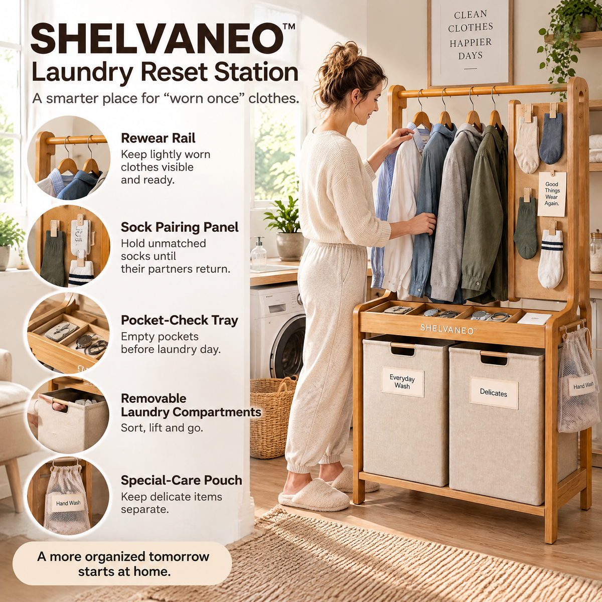 SHELVANEO™ Laundry Reset Station — Hanging Garment Organizer with Rewear Rail and Pocket-Check Tray