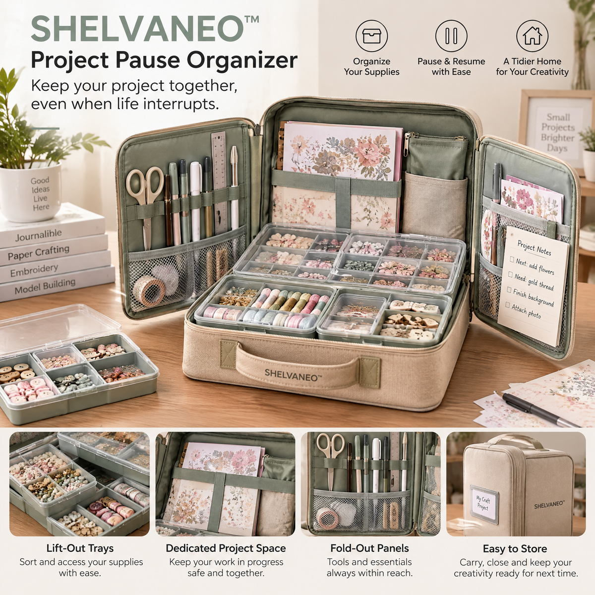 SHELVANEO™ Project Pause Organizer — Expandable Craft Storage Case with Lift-Out Work Trays