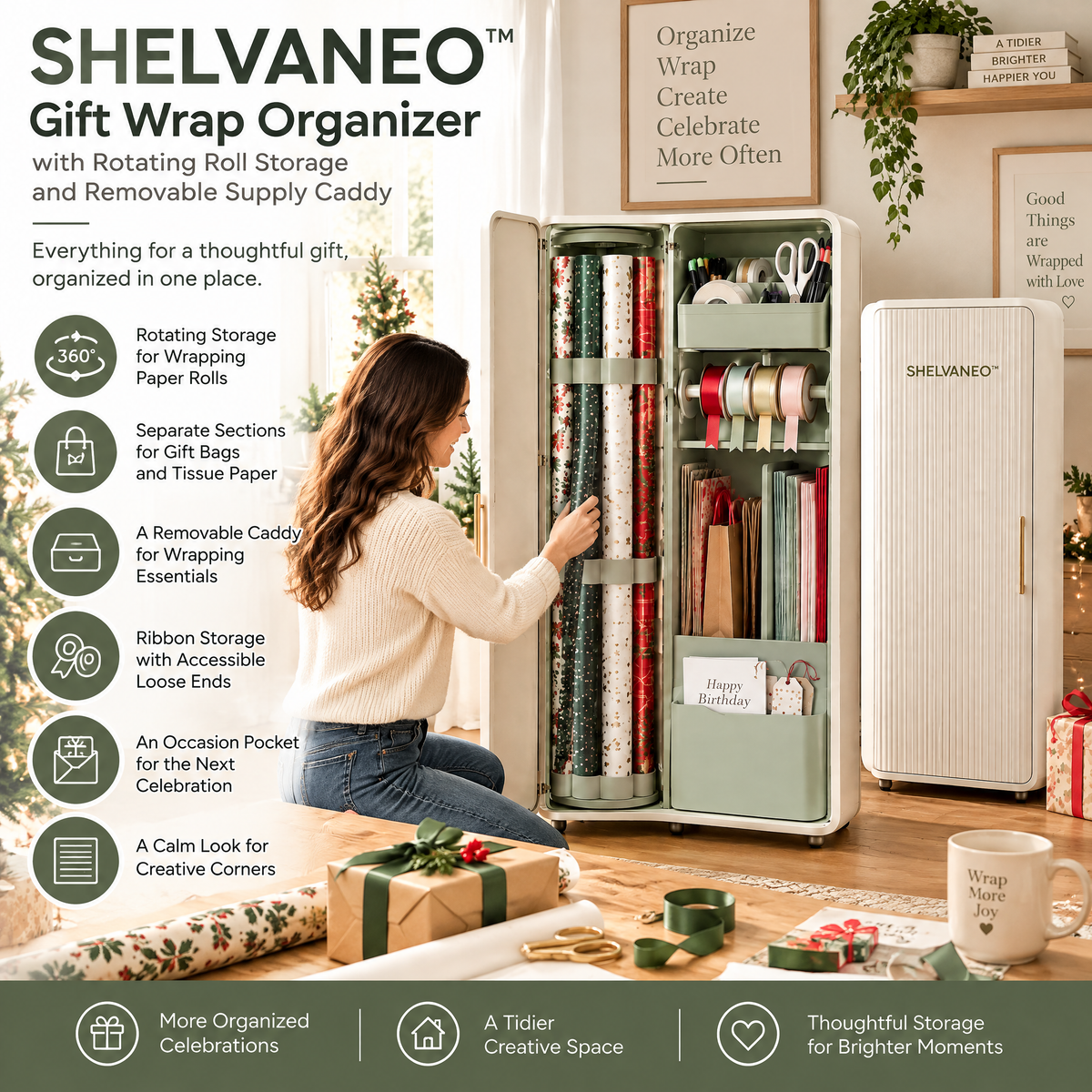 SHELVANEO™ Gift Wrap Organizer with Rotating Roll Storage and Removable Supply Caddy