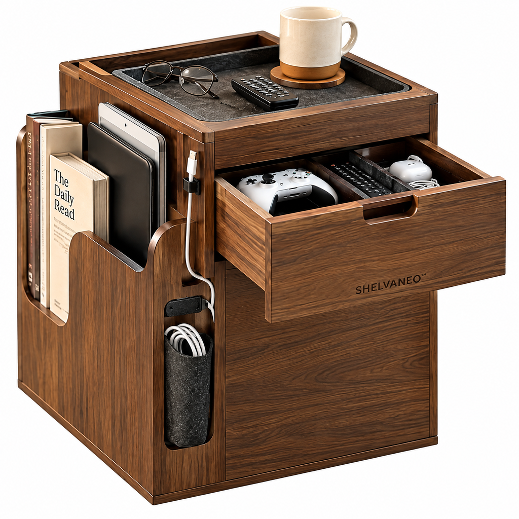 SHELVANEO™ Sofa-Side Organizer with Removable Evening Tray and Cable Storage