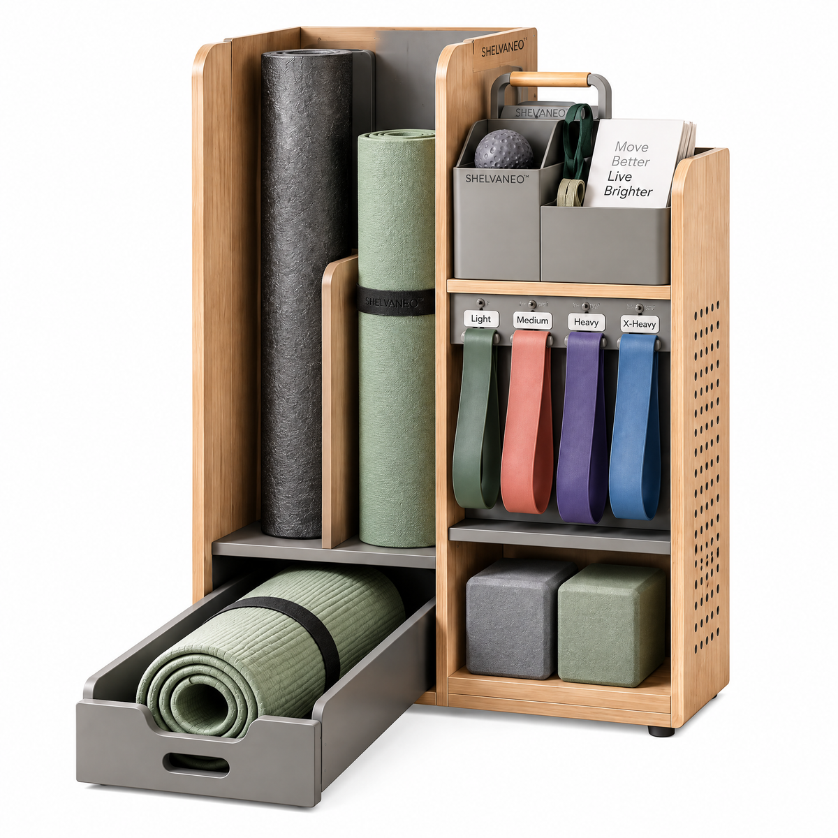 SHELVANEO™ Home Fitness Organizer with Roll-Out Mat Cradle and Workout Caddy