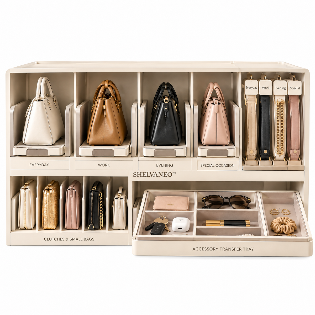 SHELVANEO™ Handbag Organizer with Slide-Out Bag Supports and Accessory Transfer Tray