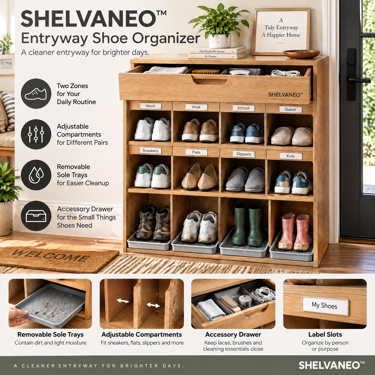 SHELVANEO™ Entryway Shoe Organizer with Removable Sole Trays and Accessory Drawer