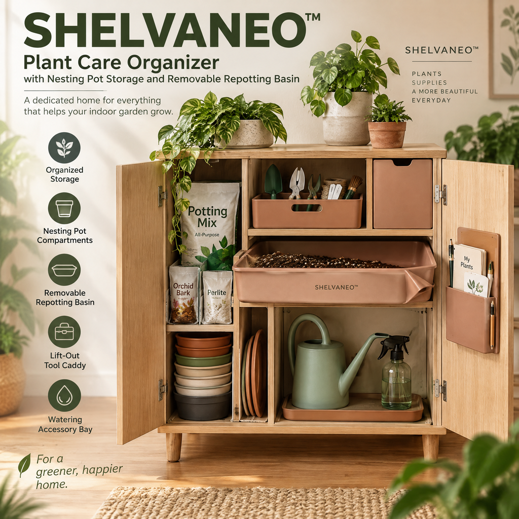 SHELVANEO™ Plant Care Organizer with Nesting Pot Storage and Removable Repotting Basin