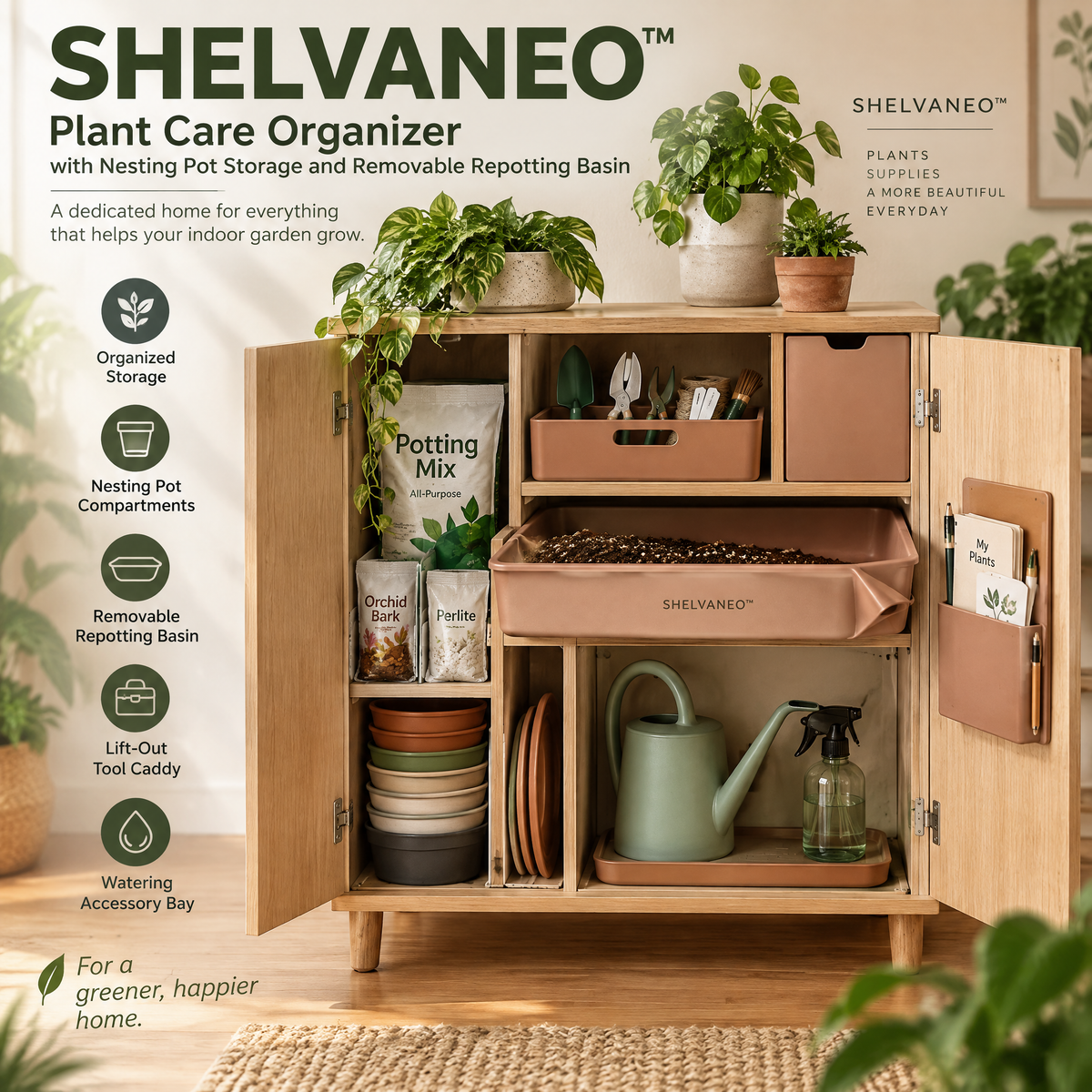 SHELVANEO™ Plant Care Organizer with Nesting Pot Storage and Removable Repotting Basin