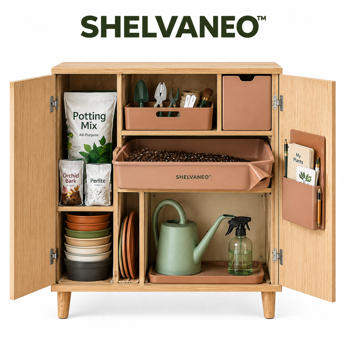 SHELVANEO™ Plant Care Organizer with Nesting Pot Storage and Removable Repotting Basin
