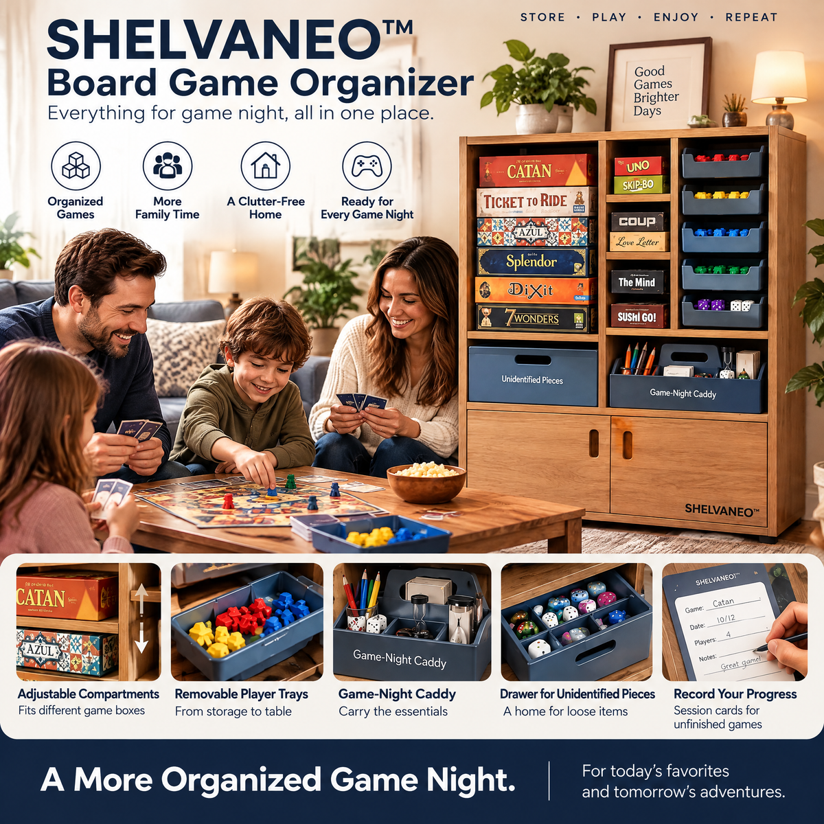 SHELVANEO™ Board Game Organizer with Removable Player Trays and Game-Night Caddy