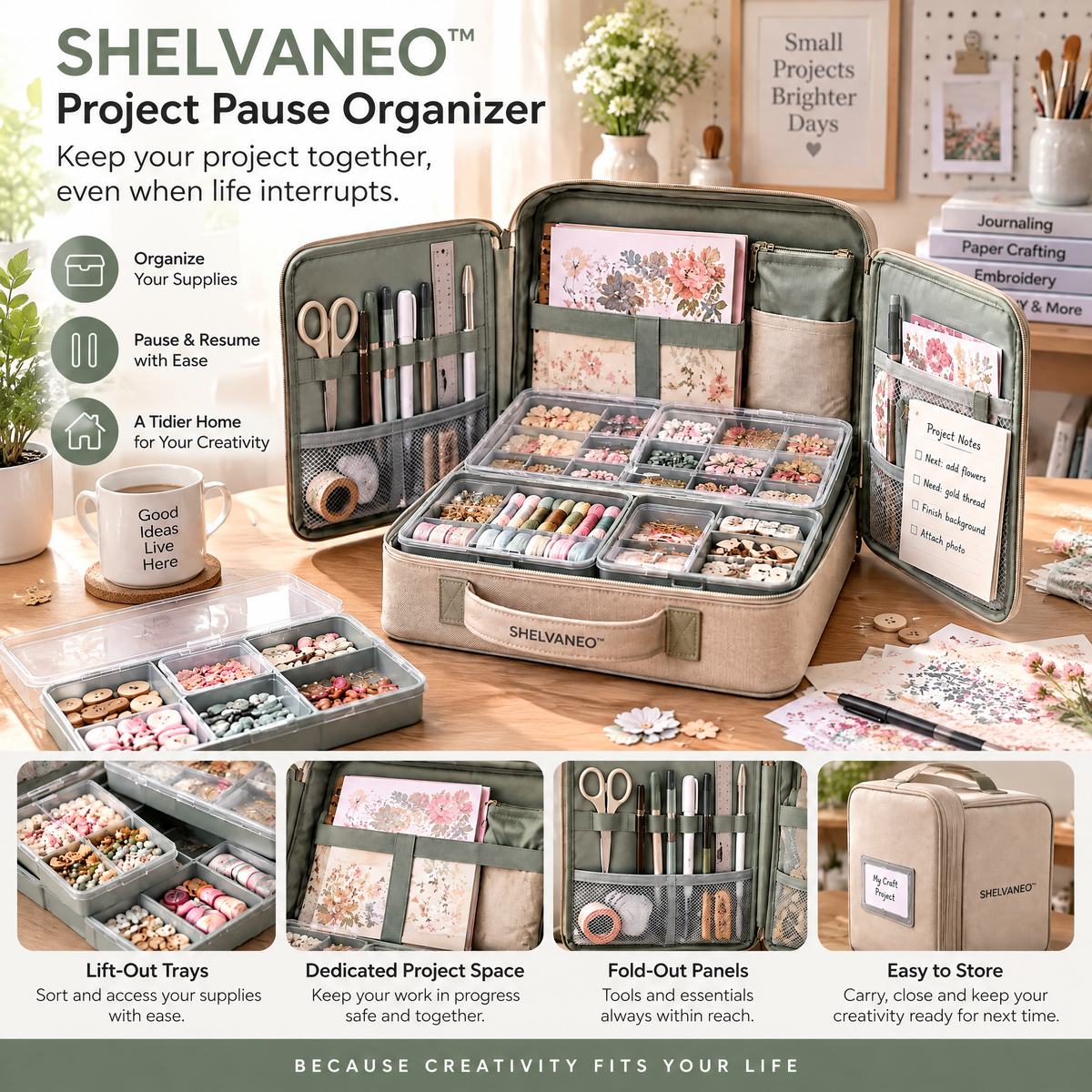 SHELVANEO™ Project Pause Organizer — Expandable Craft Storage Case with Lift-Out Work Trays
