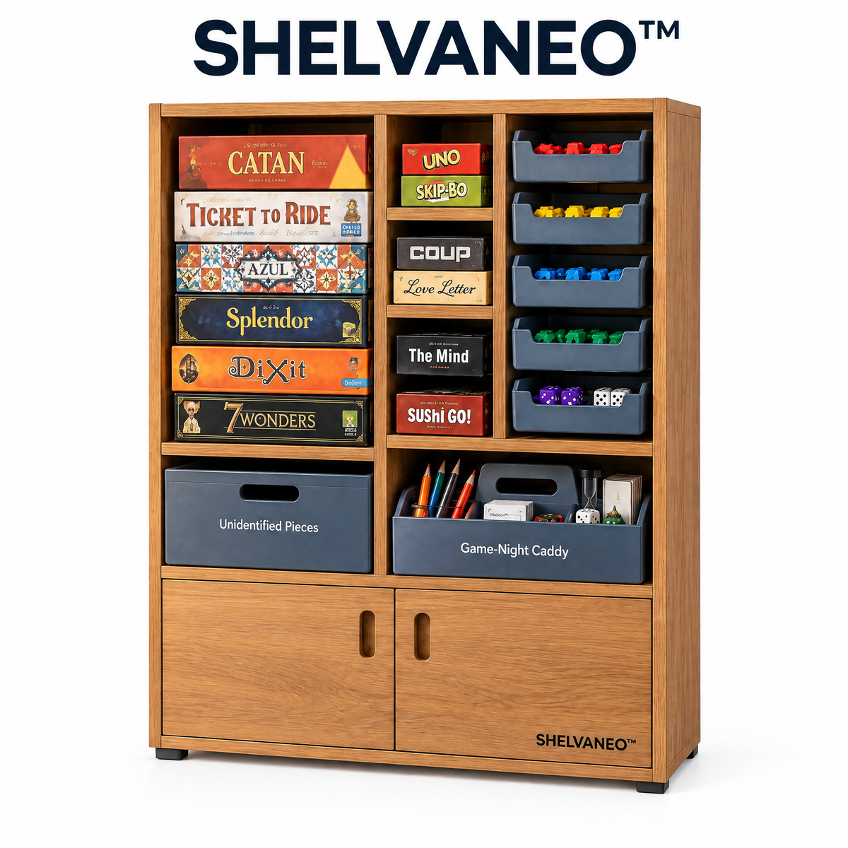 SHELVANEO™ Board Game Organizer with Removable Player Trays and Game-Night Caddy