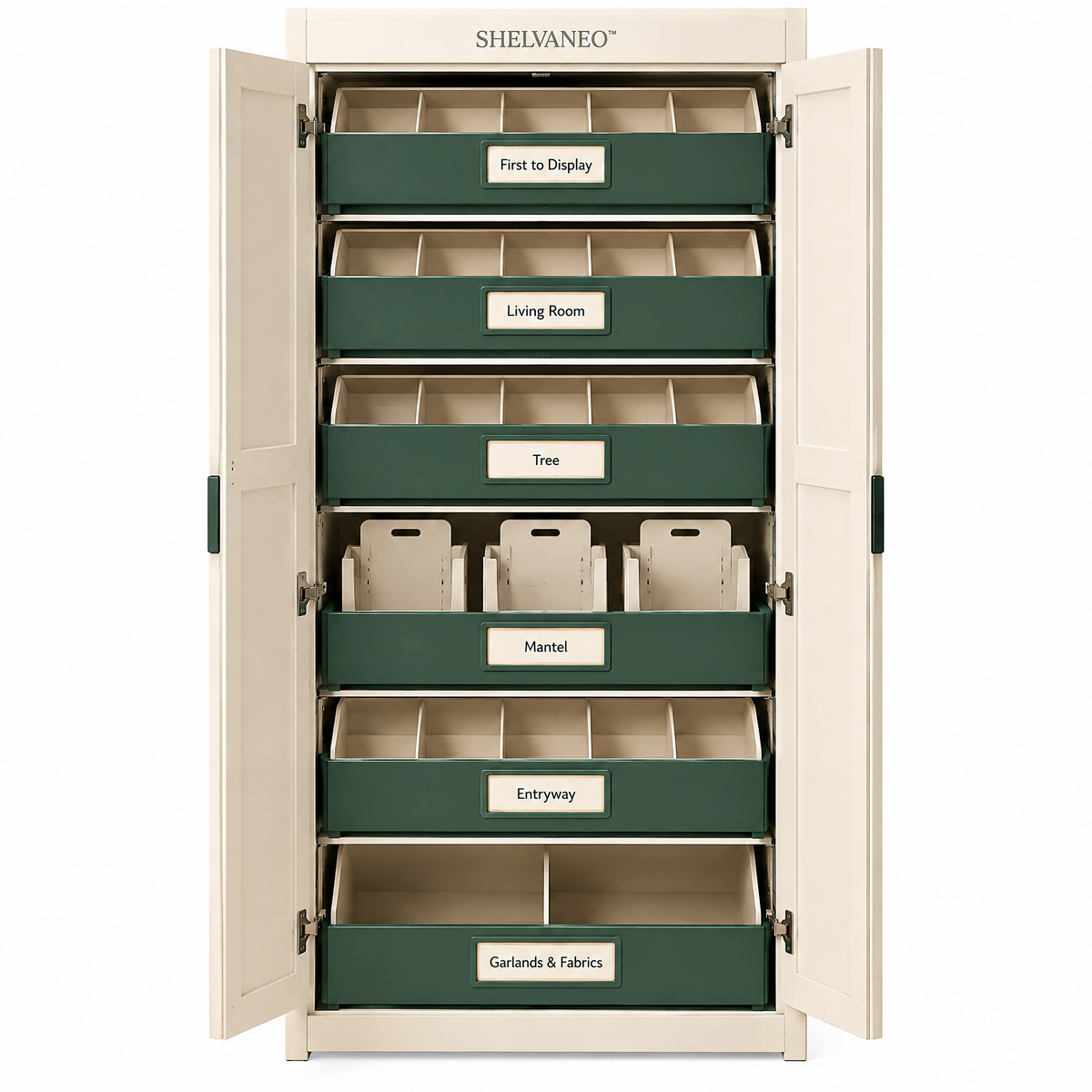 SHELVANEO™ Seasonal Décor Organizer with Adjustable Ornament Trays and Light-Winding Panels